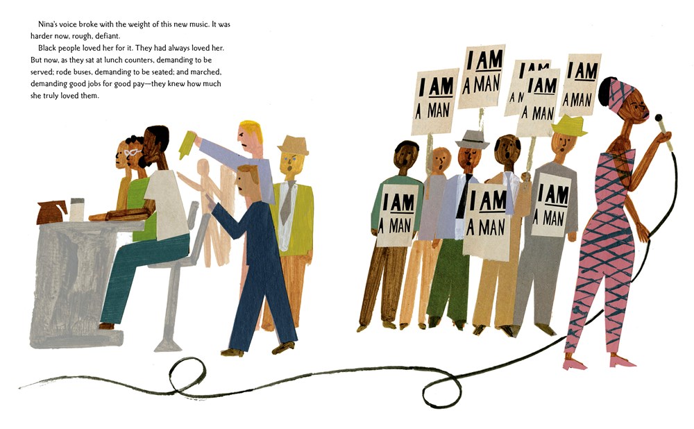 An interior image from Nina: A Story of Nina Simone, written by Traci Todd and illustrated  by Christian Robinson, showing Nina Simone as an adult singing at protests and sit-ins.