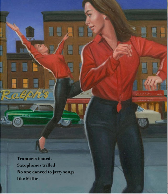 An interior image from ¡Mambo Mucho Mambo!: The Dance That Crossed Color Lines, written by Dean Robbins and illustrated by Eric Valasquez, showing a woman dancing exuberantly on a city sidewalk with musicians playing percussion instruments in the background.