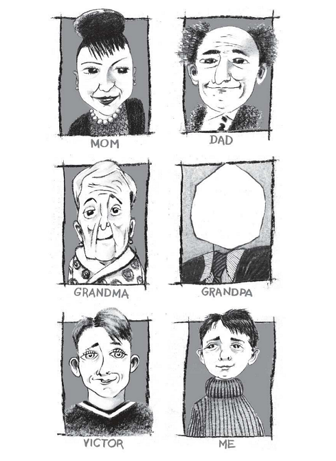 Interior image from Genius Under the Table, by Eugene Yelchin, showing ink portraits of the author's family.