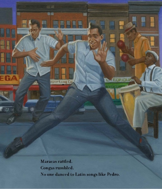 An interior image from ¡Mambo Mucho Mambo!: The Dance That Crossed Color Lines, written by Dean Robbins and illustrated by Eric Valasquez, showing a man dancing exuberantly on a city sidewalk with musicians playing percussion instruments in the background.