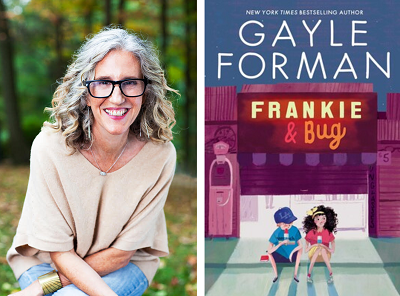 Author Gayle Forman and the cover of Frankie & Bug