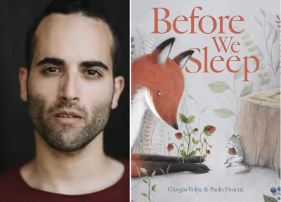 Giorgio Volpe and the cover of Before We Sleep, illustrated by Paolo Proietti.