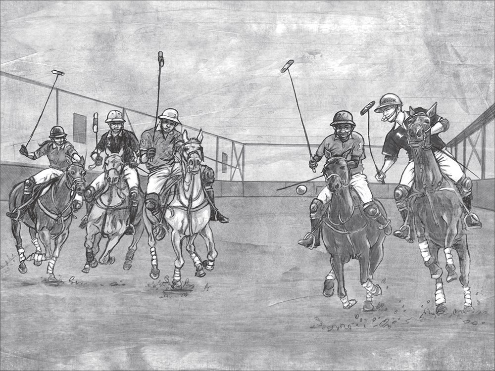An interior image from Polo Cowboy, written by G. Neri and illustrated by Jesse Joshua Watson, showing a team of boys on horseback playing polo. Cole, the central character, is the only Black player among the other teens, who are all white.