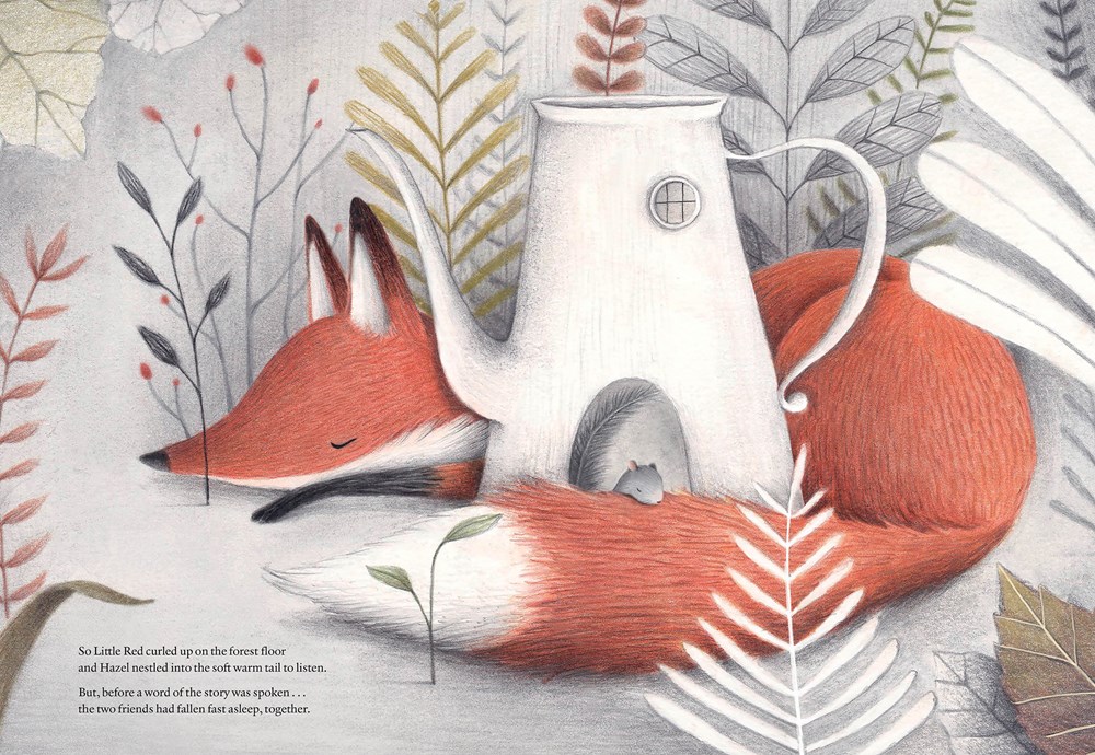 An interior image of Before We Sleep, written by Giorgio Volpe and illustrated by Paolo Proietti, showing a fox sleeping, with his body wrapped around his mouse friend's house. The mouse friend is sleeping curled up on his tail.