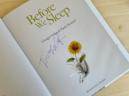 The title page of Before We Sleep, signed by the author, Giorgio Volpe.