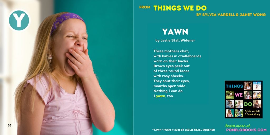 An interior spread from Things We Do, edited by Sylvia Vardell and Janet Wong, showing a picture of a young girl yawning next to the poem, "Yawn," by Leslie Stall Widener.