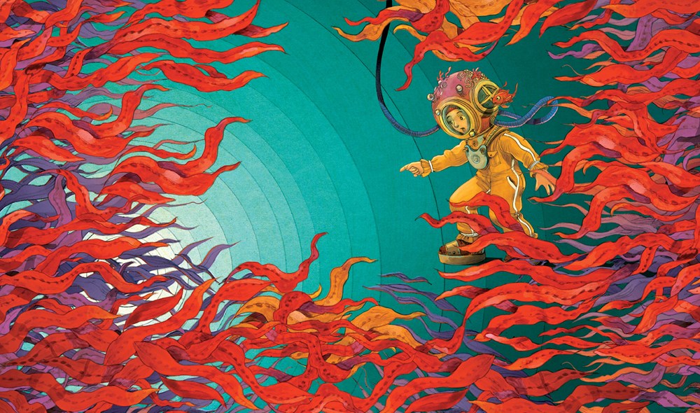A boy in an old-fashioned diving suit, swims among vibrant red seaweed towards a glowing white object in The Secret of the Magic Pearl, written by Elisa Sabatinelli and illustrated by Iacopo Bruno.