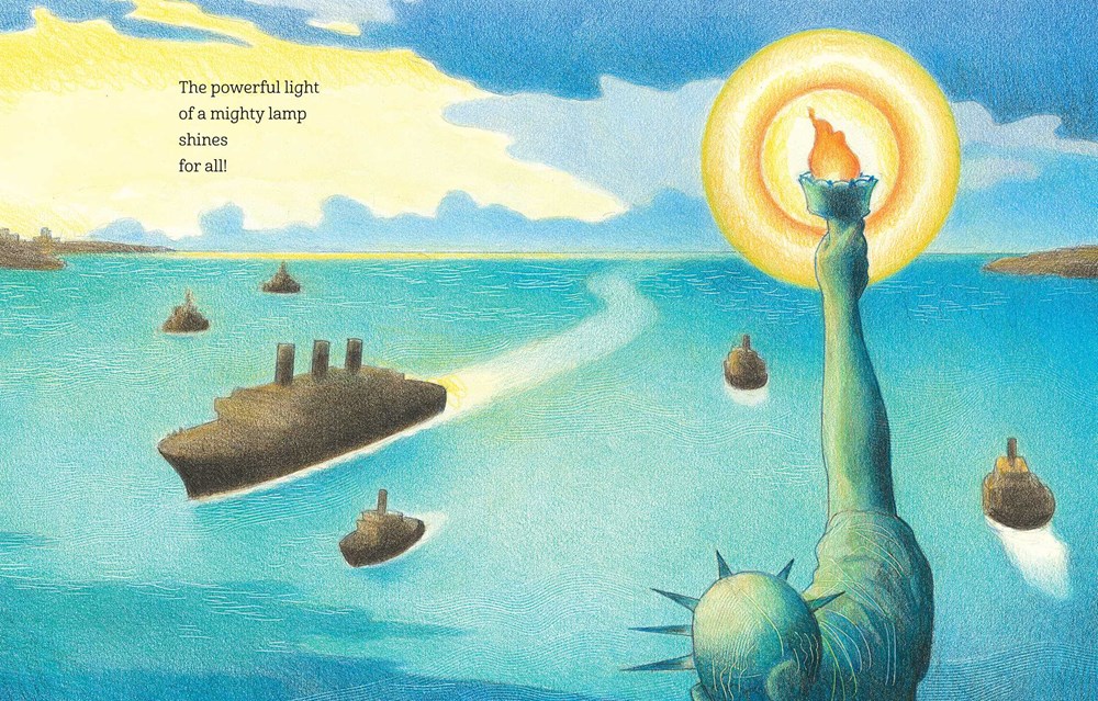 An interior image from Light for All, written by Margarita Engle and illustrated by Raúl Colón, showing a boat passing below the Statue of Liberty, whose torch is aglow. The text reads: "The powerful light of a mighty lamp shines for all."