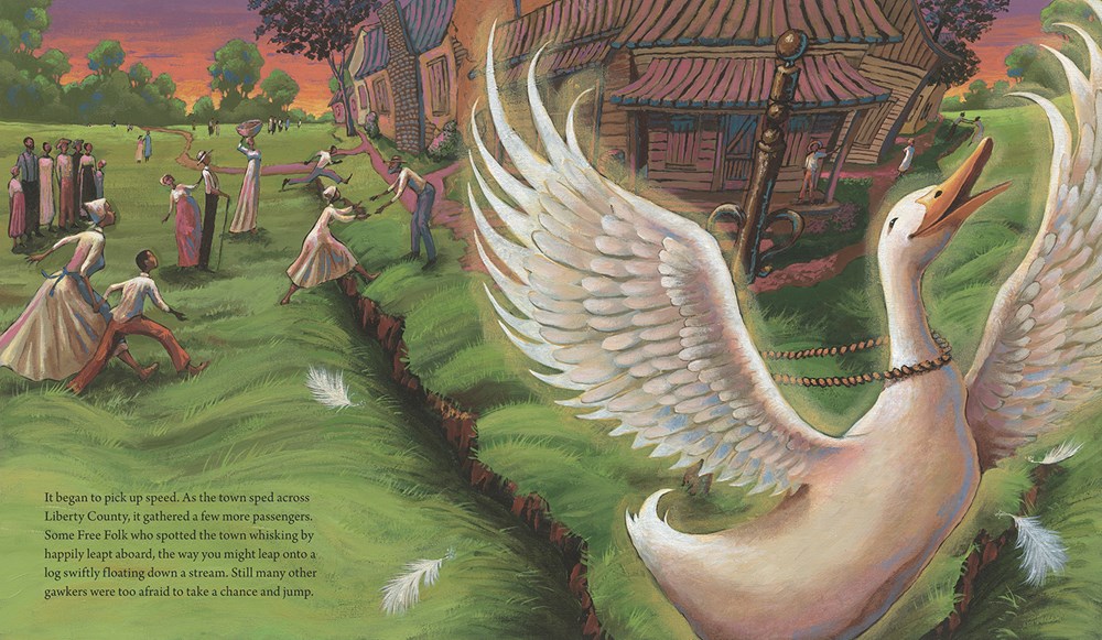 An interior image from Carrimebac, the Town that Walked, written by David Barclay Moore and illustrated by John Holyfield, showing a smiling duck with a rope pulling a whole town with people behind it.