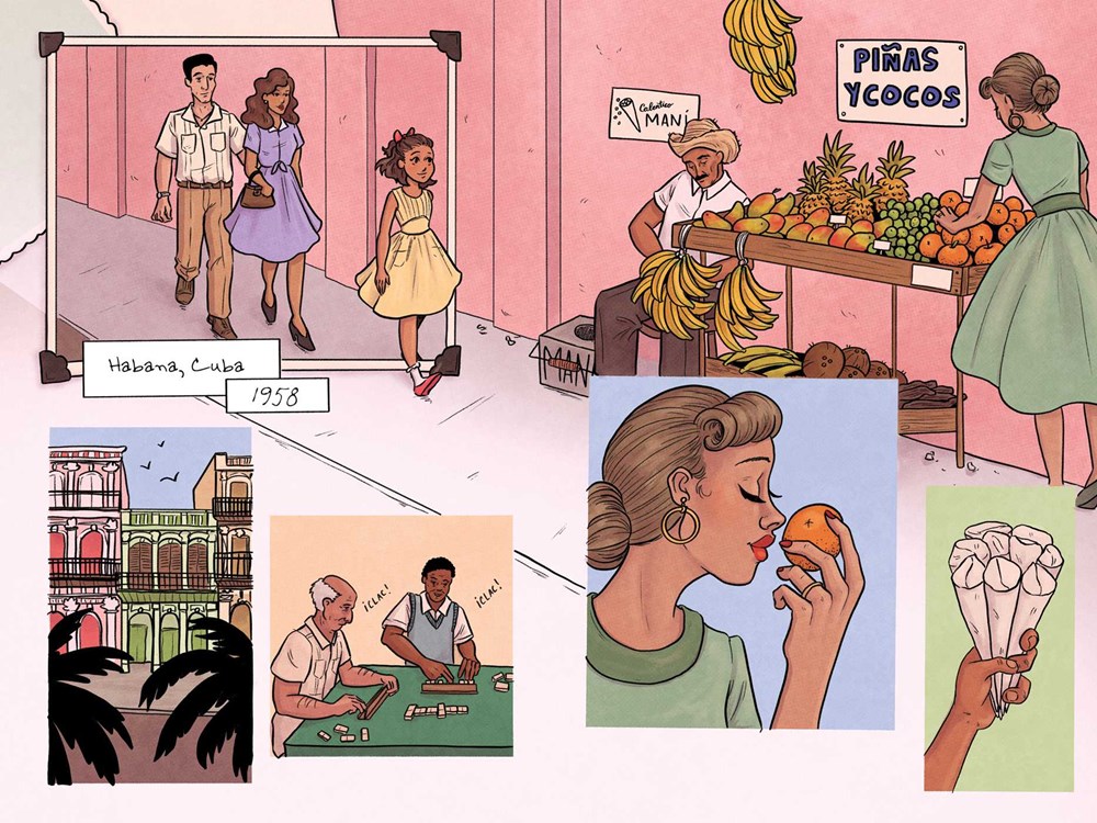 A colorful interior spread from the graphic novel Isla to Island, written and illustrated by Alexis Castellanos, showing many small panels of a girl with her family walking on the streets of Havana, enjoying the sights and sounds of fruit markets and observing men playing dominoes.