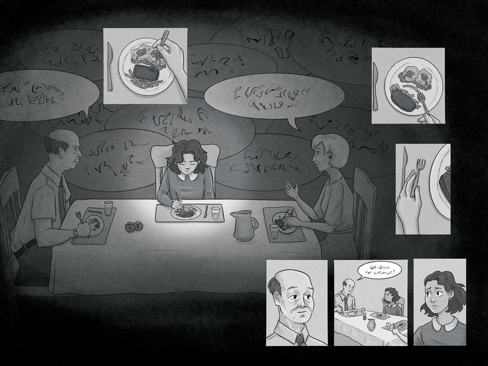 An interior spread from the graphic novel Isla to Island, written and illustrated by Alexis Castellanos, drawn mostly in shades of gray, showing a girl at a table eating unfamiliar food while speech bubbles filled with squiggles show that the language is not understandable to her.