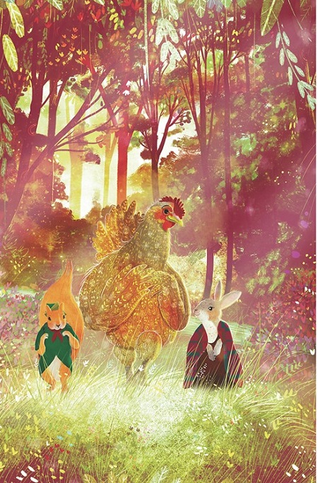 An interior image from Cress Watercress, written by Gregory Maguire and illustrated by David Litchfield, showing a squirrel, a chicken, and a rabbit walking together in a forest.