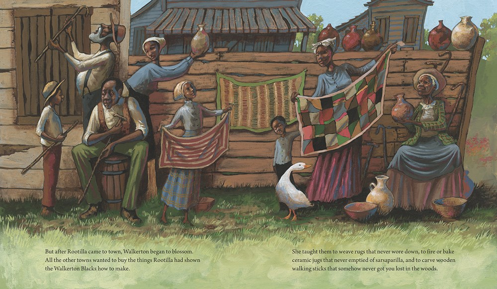 An interior image from Carrimebac, the Town that Walked, written by David Barclay Moore and illustrated by John Holyfield, showing a historical African American town filled with people who are admiring handmade goods.