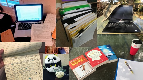 A collage of images showing Rebecca Balcarcel's workspaces, both an indoor desk and an outdoor table. She also shows a selection of professional writing books and little mascot animals that keep her company while she writes.
