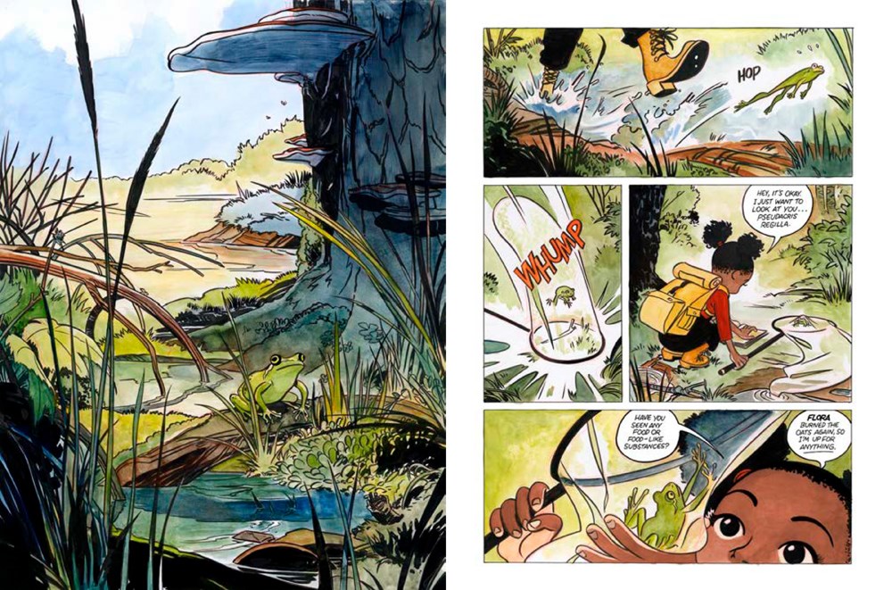 An interior spread from Little Monarchs. On the left side, a full-page image shows an up-close color drawing of a frog underneath a tree covered in fungus. On the right side, small panels show an African American girl catching the frog with a net; speech bubbles indicate that in her apocalyptic world, the frog might become breakfast.