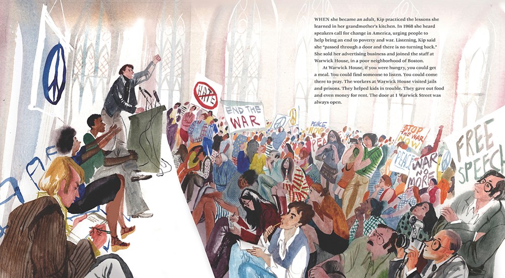 An interior image from Sanctuary showing Kip Tiernan speaking to a crowd of protestors and activists holding signs that say "Free Speech," "End the War," and "Peace."