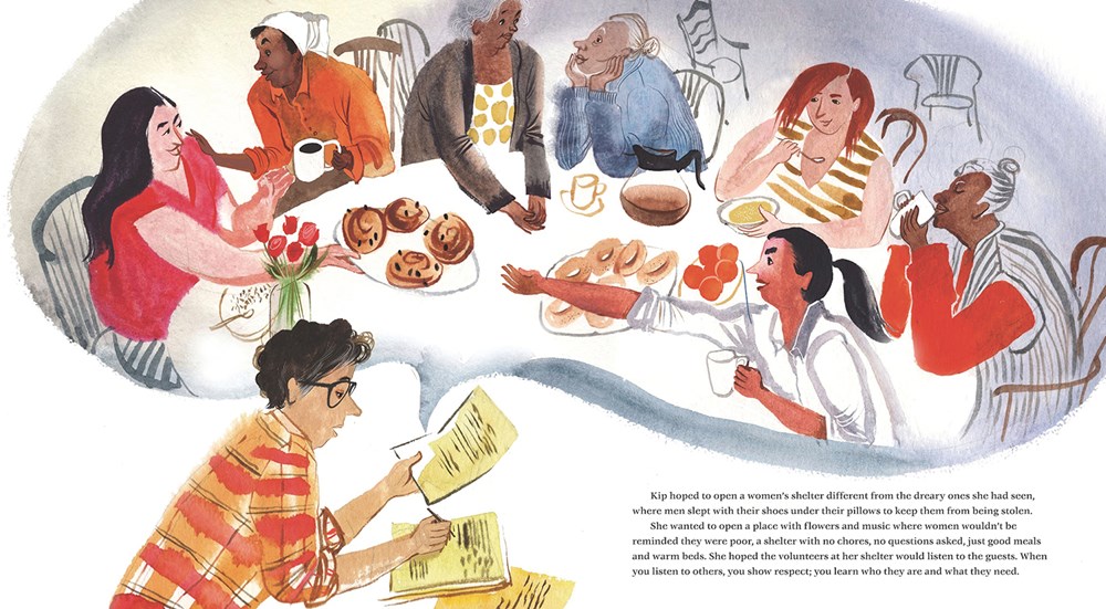 An interior image from Sanctuary, showing Kip Tiernan writing a propsal for her women's shelter, while a bubble image illustrates what she envisions: women of many ages and backgrounds talking and eating around a table with food and flowers.