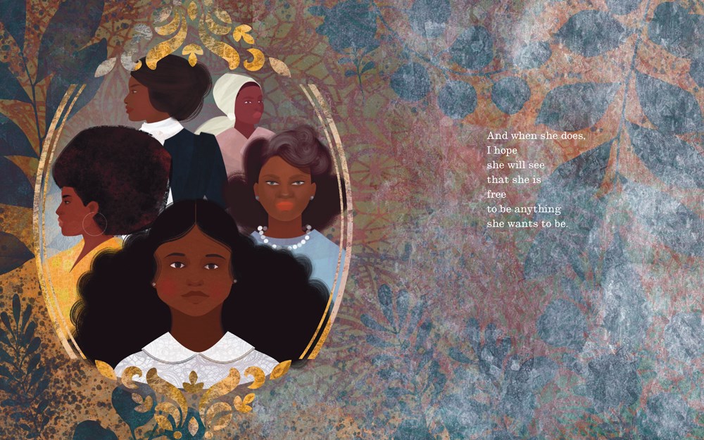 An interior image from A History of Me showing a beautiful portrait of the young girl from the book, surrounded by descending portraits of Black women ancestors through the ages. The framed portrait is set against a richly patterned background that shows botanical shapes as well as motifs from African cloth.