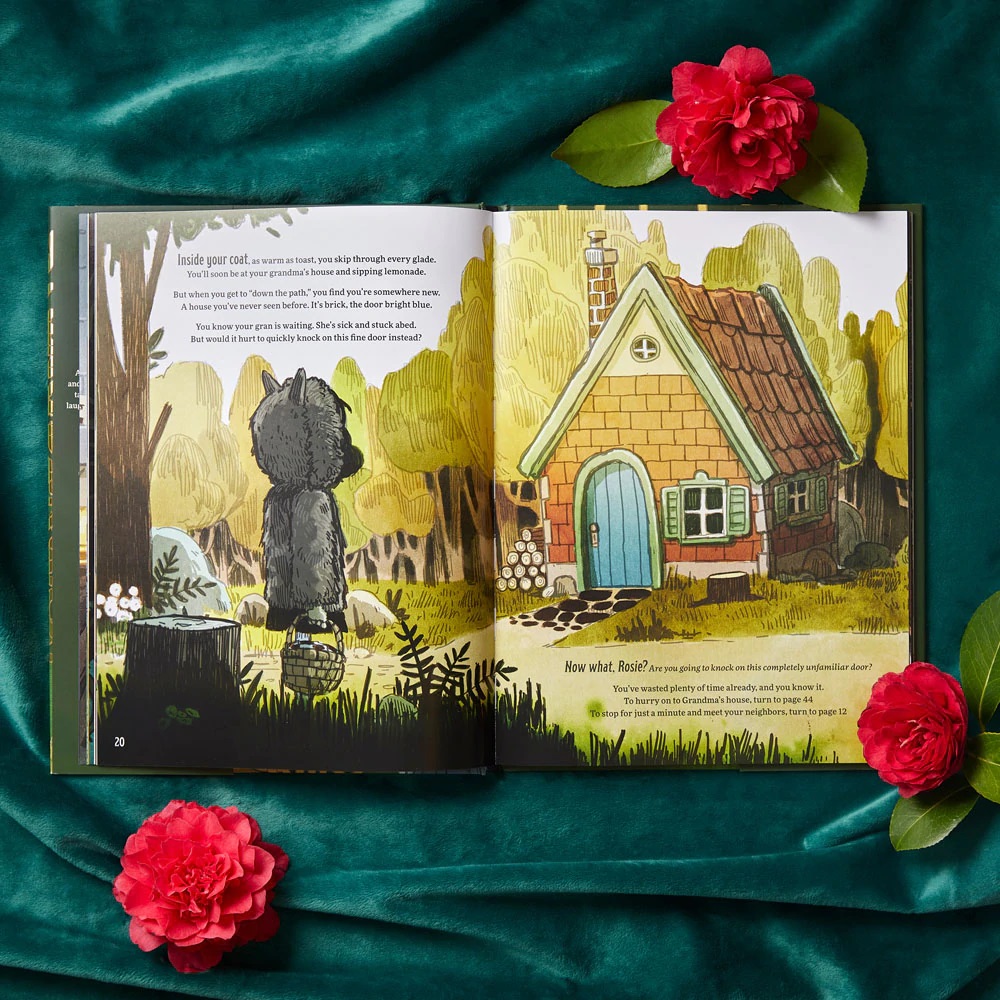 An interior image from Endlessly Ever After showing the central Red Riding Hood-like character coming upon an unexpected cottage in the woods. She must decide if she wants to knock on the door or, instead, go straight to her grandmother's house.