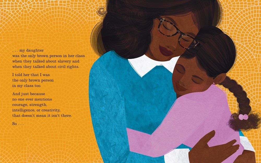 An interior image from A History of Me showing a Black mother hugging her elementary-school-age daughter against a vibrant yellow, patterned background. 