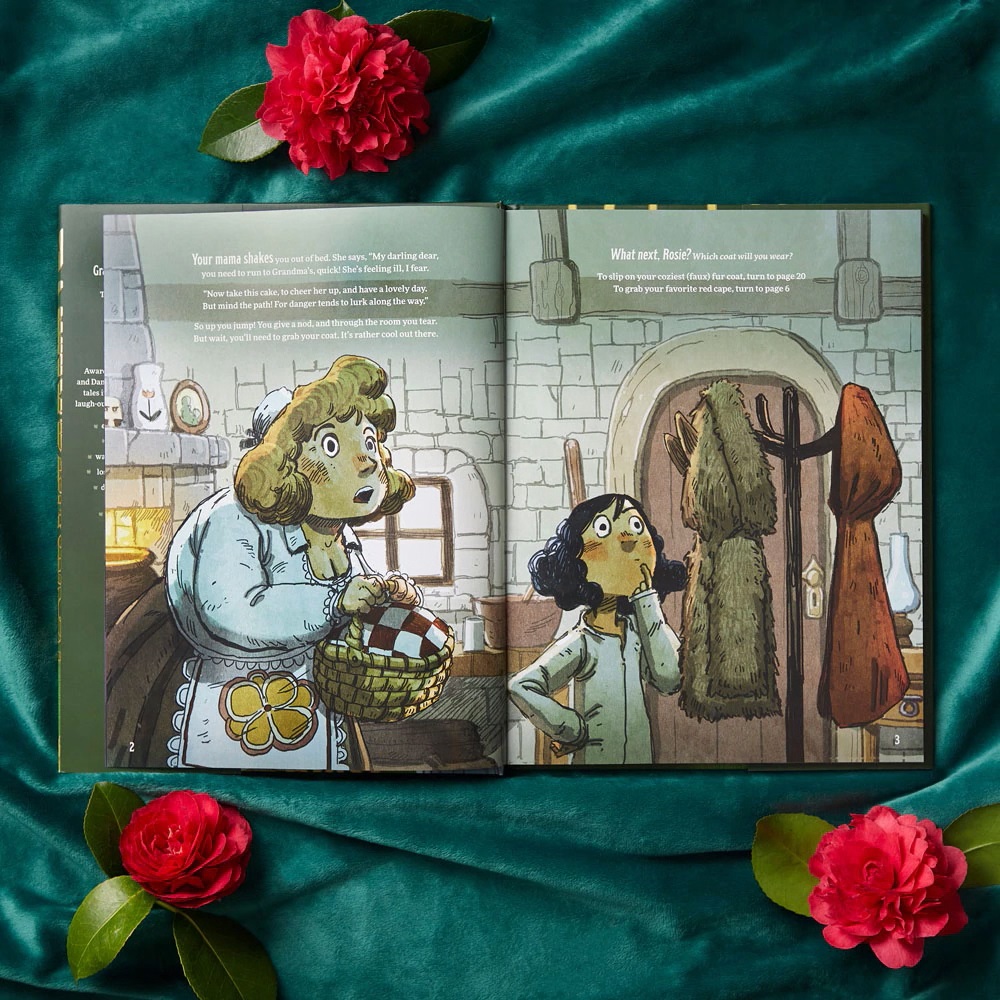 An interior image from Endlessly Ever After showing the central character and her mother. The central character is deciding which coat to wear: the cozy faux fur coat or the red cape.