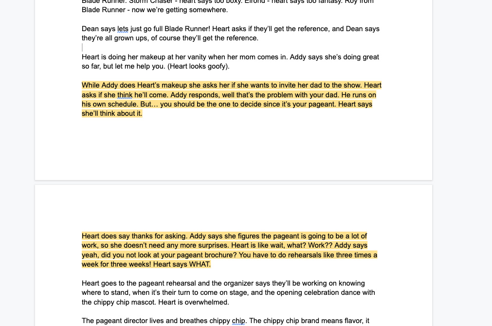 Screenshot of text editor in which part of the action of the story is described. One paragraph is highlighted.