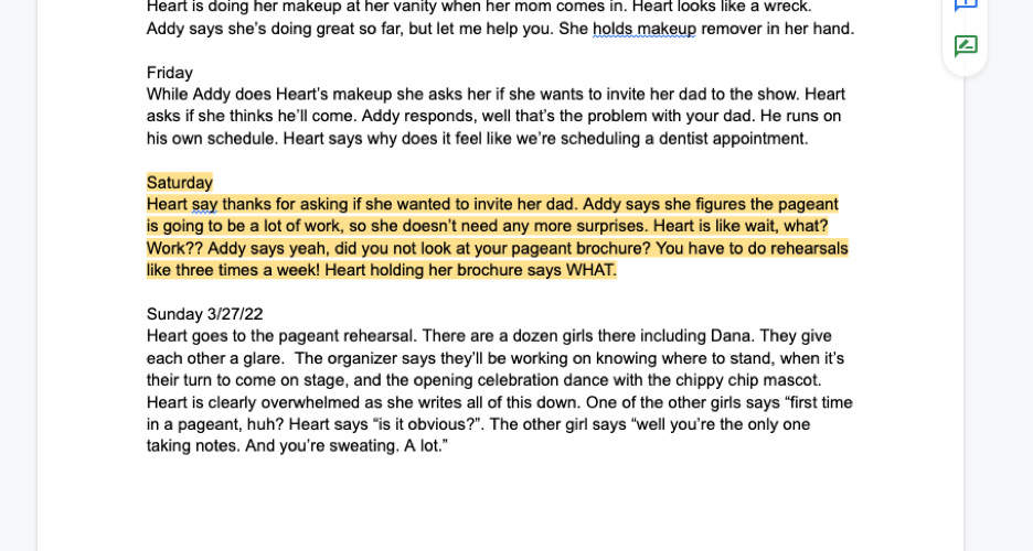 Screenshot of text editor showing the same description of the same parts of the story as in the previous figure. Each paragraph is preceded by a day of the week. The paragraph for “Saturday” is highlighted.