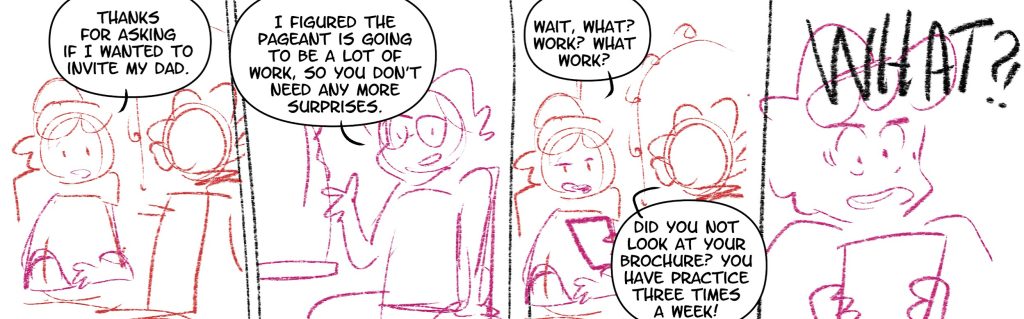 Screenshot of four comic panels. Pictures are loosely sketched with red and orange lines.