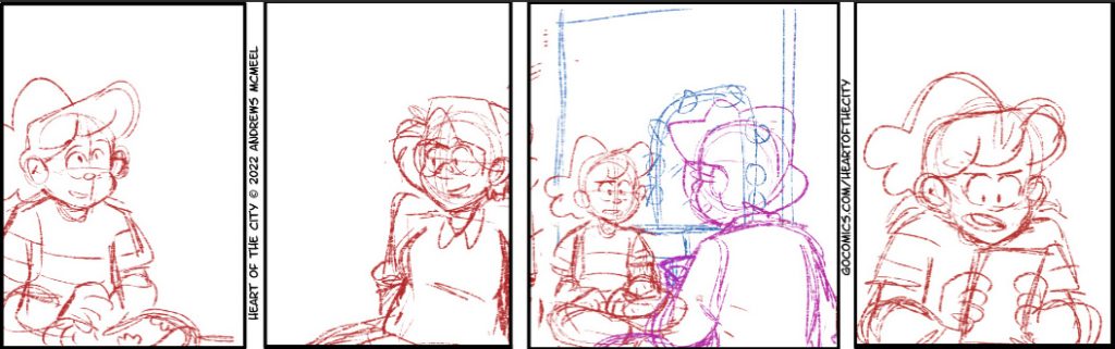 Screenshot of four comic panels without words. Pictures are loosely sketched with red and orange lines.