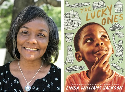 Linda Williams Jackson and the cover of The Lucky Ones.