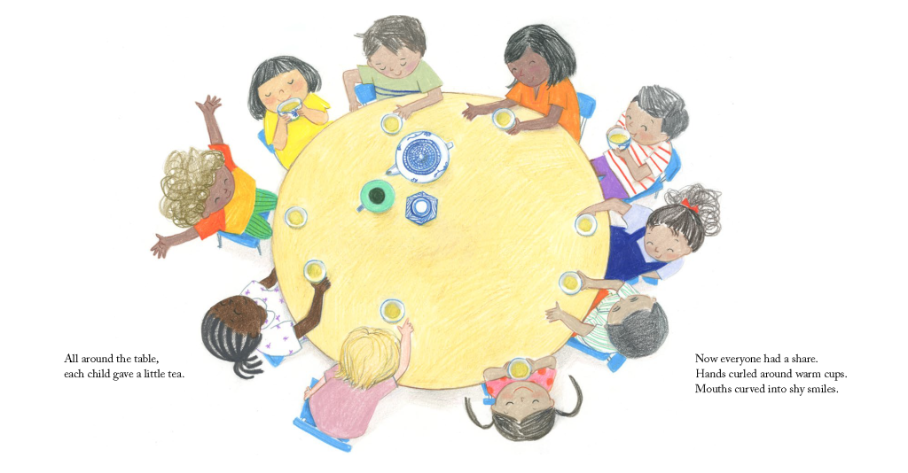 Page spread excerpt from Luli and the Language of Tea. Children sit around a round table with cups of tea.