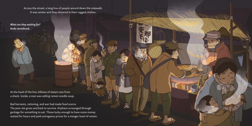 Page spread excerpt from Magic Ramen. A line of people stand in the cold outside waiting for ramen.