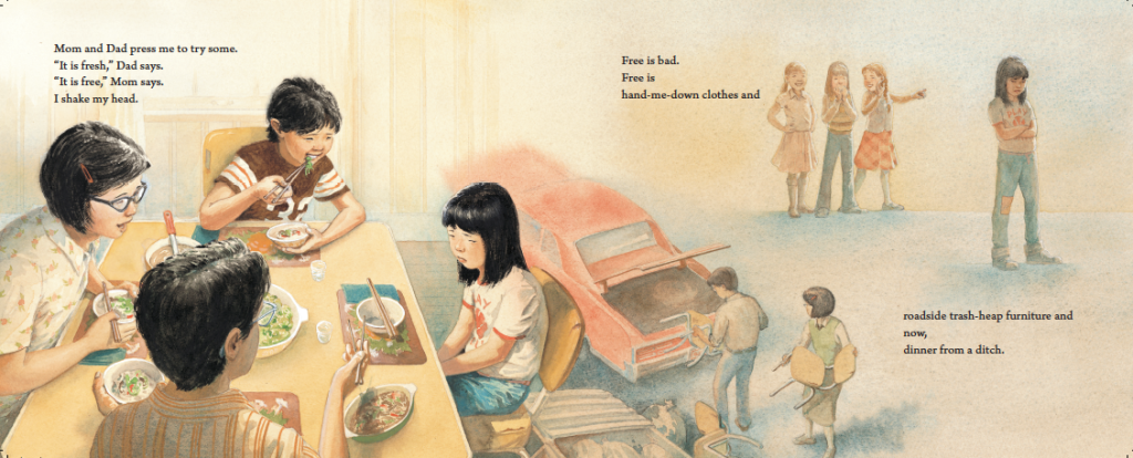 Page spread excerpt from Watercress. A mom, dad, brother, and sister eat dinner. The sister frowns and other images reflect her embarrassment about her family's efforts to save money.