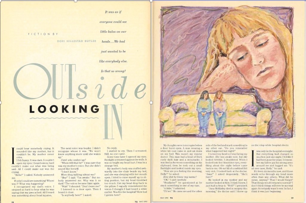 Two page spread of Dori Hillestad Butler's first published story, titled "Outside Looking In."