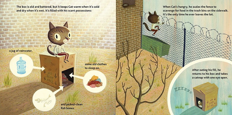 An interior image from Pigeon & Cat showing Cat in his urban home, sitting on his comfortable cardboard box. Inset drawings show more about his home: his jug of rainwater, his nest of old clothes to sleep on, his pile of fish bones, picked clean.
