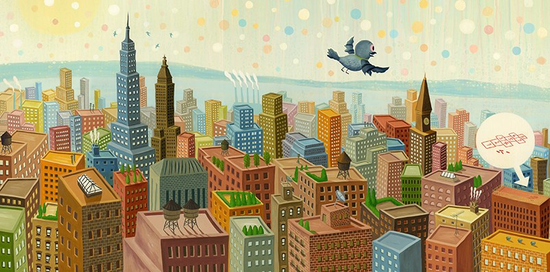 An interior image from Pigeon & Cat showing Pigeon flying over a colorful city. A drawing of a hopscotch board is inside a balloon with an arrow pointing to a city street below. 