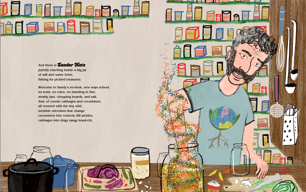 An interior image from Sandor Katz and the Tiny Wild showing Sandor Katz in his kitchen, surrounded by tools and spices, reaching into a big jar of pickled vegetables.