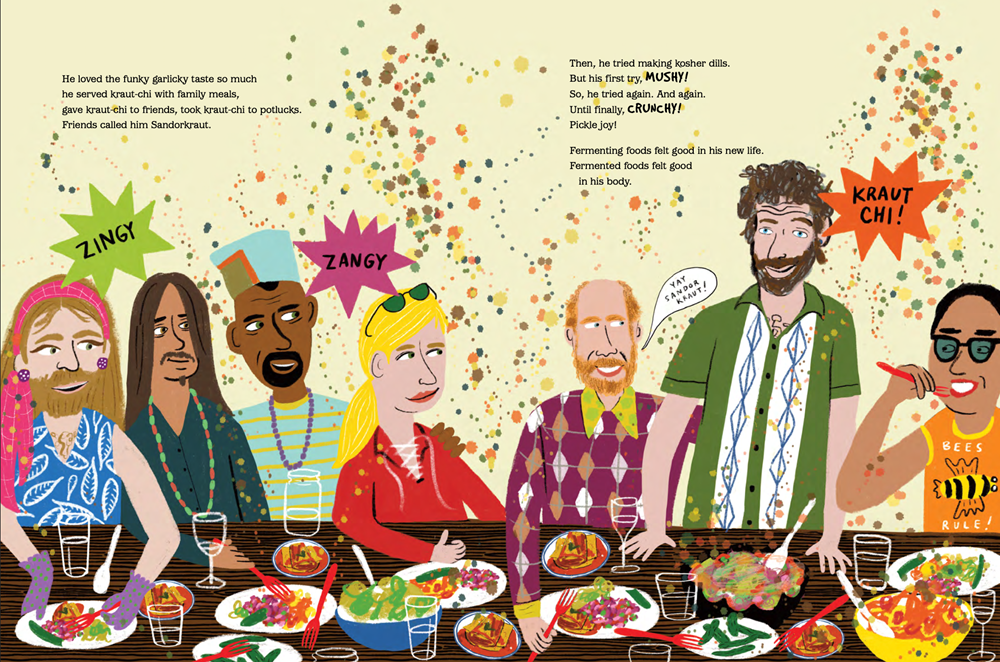 An interior image from Sandor Katz and the Tiny Wild showing Sandor Katz surrounded by friends in colorful outfits enjoying a feast of fermented foods.
