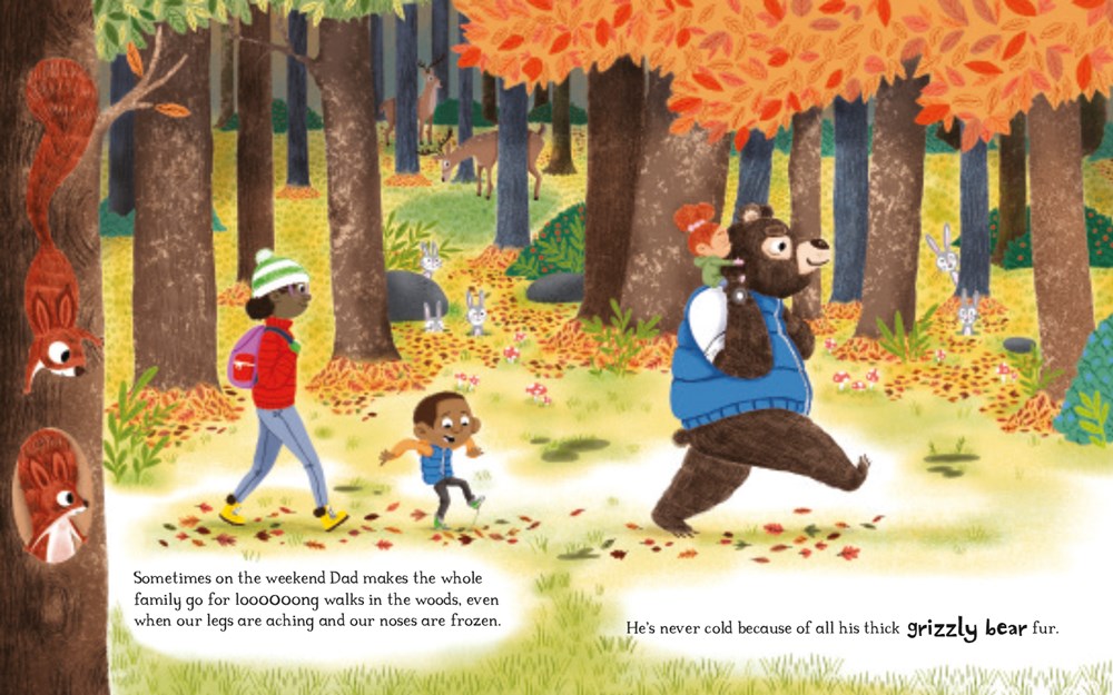 An interior image from My Dad Is a Grizzly Bear, written by Swapna Haddow and illustrated by Dapo Adeola, showing a family walking in the woods: a mom, a son, and a daughter, who is riding on the shoulders of a grizzly bear. 