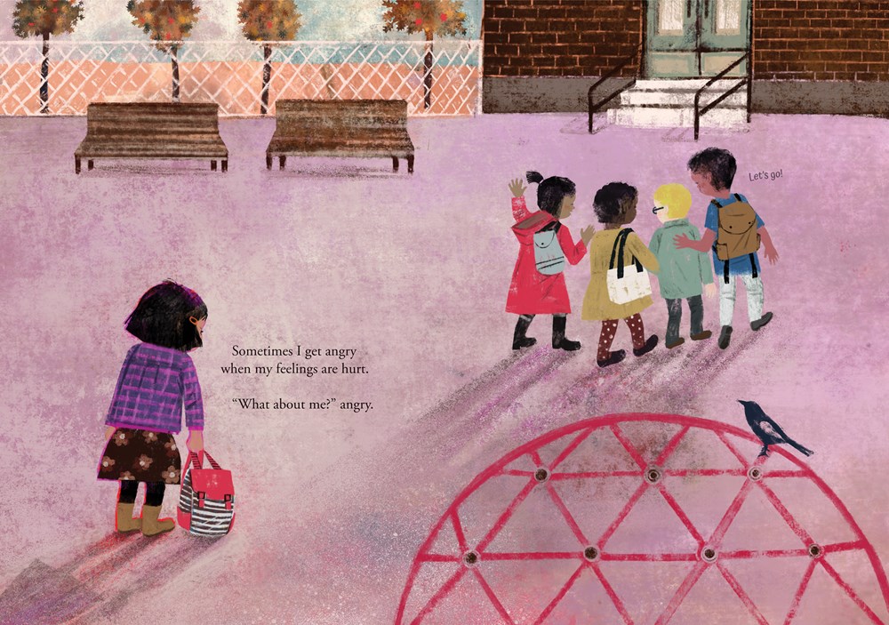 An interior spread from Angry Me showing a girl following sadly behind a group of boys and girls. She appears to be sad and left out.