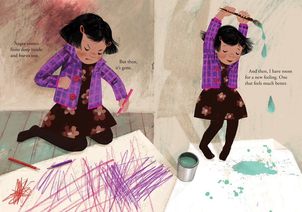 An interior spread from Angry Me. On the lefthand page, the girl has an angry expression and creates furious pencil marks on her art paper. On the righthand page, she appears calmer and happier as she uses blue paint to create drops and splashes on the paper.