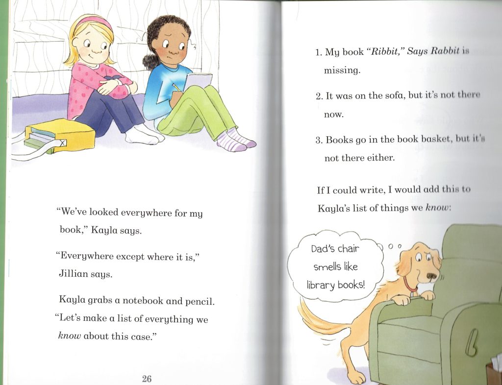 Two page spread showing a list from King & Kayla and the Case of the Lost Library Book.