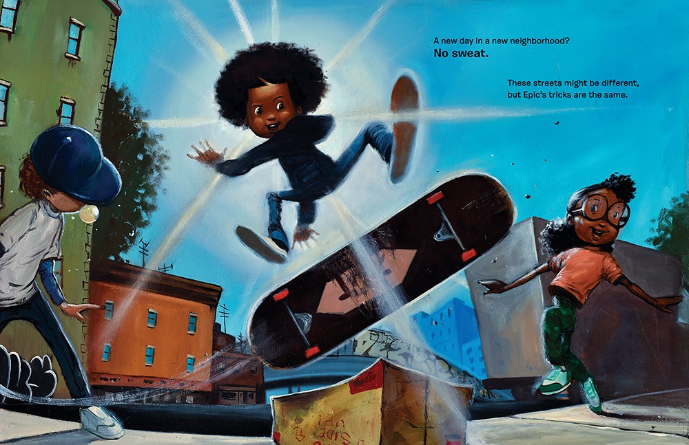 An interior image from Kick Push written and illustrated by Frank Morrison, showing a Black boy soaring above his skateboard while friends look on.