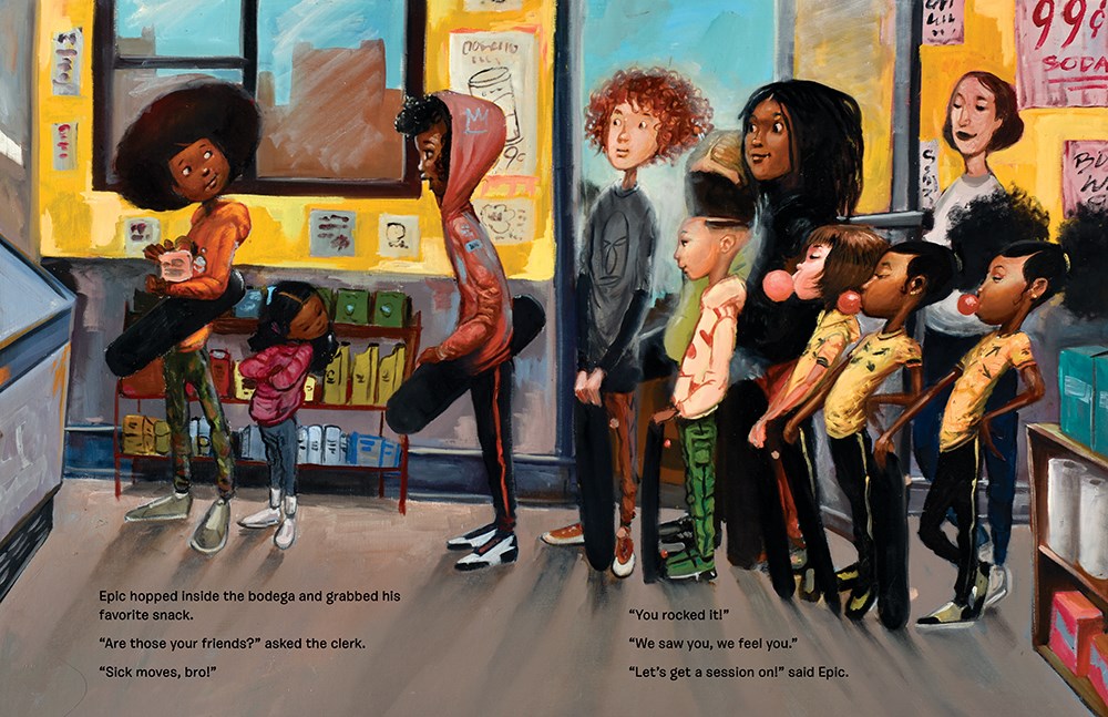 An interior image from Kick Push, written and illustrated by Frank Morrison, showing a Black boy buying a snack at the bodega, skateboard under arm, while a diverse crowd of kids wait in line behind him. 