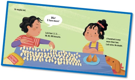 Interior page of Lia & Luís: Who Has More? showing Luís with 100 biscuits and Lia with 2 coxinha de galinha.