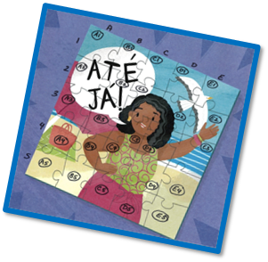 Completed puzzle depicting a seagul, a purse, and a woman with a speech bubble that reads "ATÉ JÁ!"