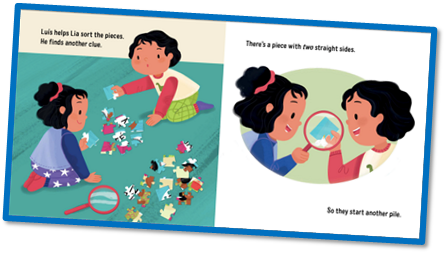 Interior book spread depicting two pages, one with two children on the floor sorting puzzle pieces, and another with the children looking at a single piece through a magnifying glass