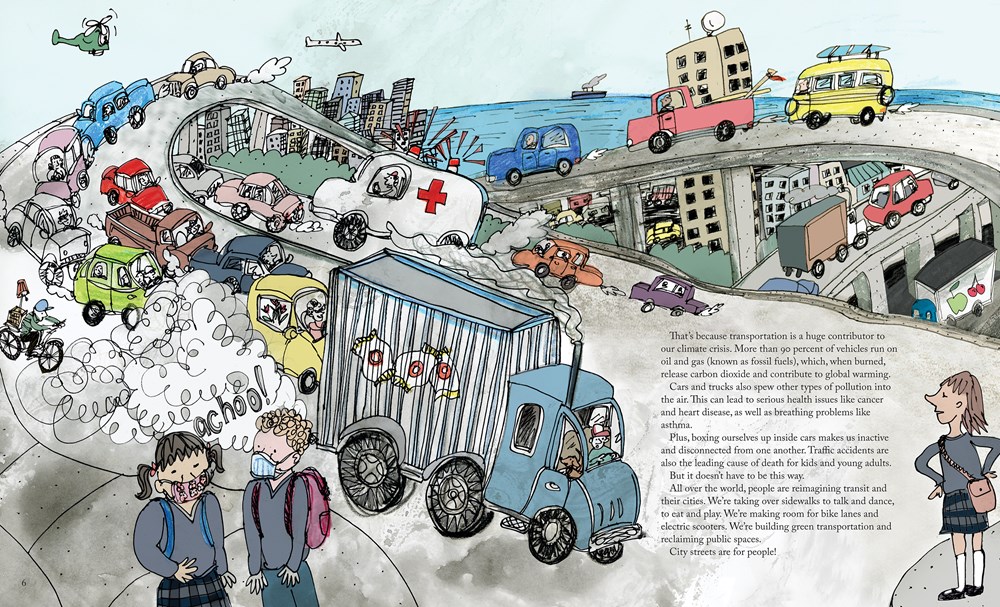 An interior image from City Streets Are for People, written by Andrea Curtis and illustrated by Emma FitzGerald, showing a busy network of city streets crowded with cars and trucks spewing exhaust, while pedestrians wear masks.
