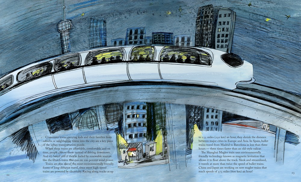 An interior image from City Streets Are for People, written by Andrea Curtis and illustrated by Emma FitzGerald, showing a light rail train curving above a cityscape at night.
