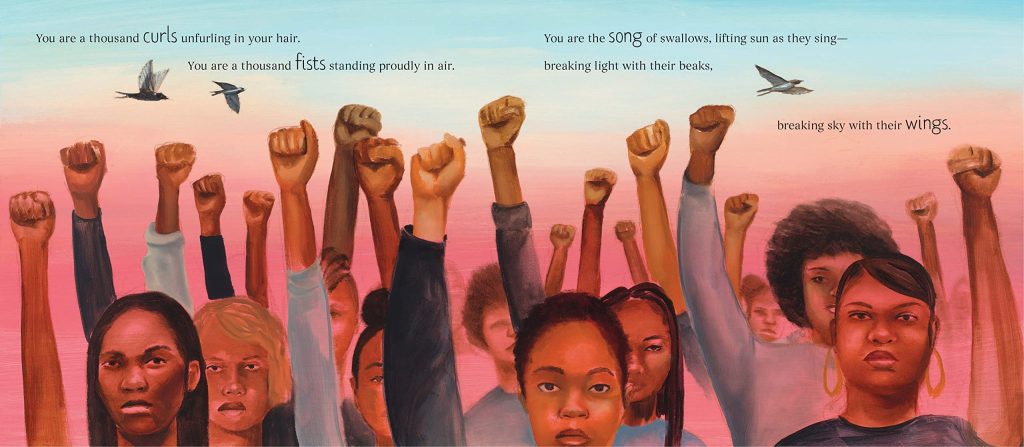 An interior spread from Black Girl Rising, written by Brynne Barnes and illustrated by Tatyana Fazlalizadeh showing a crowd of Black women, facing the viewer and raising fists to the sky while birds soar overhead.